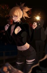 Rule 34 | 1girl, 2others, aerial fireworks, alternate costume, arm tattoo, black nails, black pants, black shirt, blonde hair, breasts, cellphone, cleavage, cleavage cutout, clothing cutout, commentary, denim, detached sleeves, earrings, eyeliner, fireworks, fish, genshin impact, glass, hair between eyes, highres, holding, holding fireworks, holding phone, jeans, jewelry, long sleeves, m alexa, makeup, medium breasts, medium hair, midriff, multiple others, nail polish, night, orange eyes, out of frame, outdoors, pants, parted lips, phone, red eyeliner, shirt, smartphone, solo focus, sparkle, sparkler, tattoo, torn clothes, torn jeans, torn pants, turtleneck, yoimiya (genshin impact)
