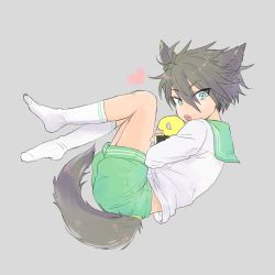 Rule 34 | 10s, 1boy, akuno hideo, blue eyes, character doll, child, dog tail, fetal position, full body, green shorts, idolmaster, idolmaster side-m, kemonomimi mode, legs, looking at viewer, male focus, p-head producer, producer (idolmaster), rocket 770, sailor collar, sharp teeth, shorts, socks, solo, tail, teeth, aged down