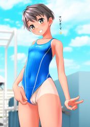 Rule 34 | 1girl, absurdres, beige panties, black hair, blue one-piece swimsuit, blue sky, blurry, blurry background, breasts, brown eyes, cameltoe, clothes writing, clothing aside, cloud, commentary request, competition swimsuit, covered navel, cowboy shot, grin, highleg, highleg swimsuit, highres, one-piece swimsuit, one-piece tan, original, panties under swimsuit, short hair, sky, small breasts, smile, solo, striped clothes, striped one-piece swimsuit, swimsuit, swimsuit aside, takafumi, tan, tanline, v