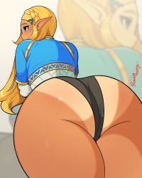 Rule 34 | 1girl, alternate eye color, ass, ass focus, black panties, blonde hair, blue eyes, close-up, from behind, highres, huge ass, long hair, looking at viewer, looking back, nintendo, panties, pointy ears, princess zelda, probablynoon, skin tight, solo, tan, tanline, the legend of zelda, the legend of zelda: breath of the wild, thick thighs, thighs, underwear, wide hips