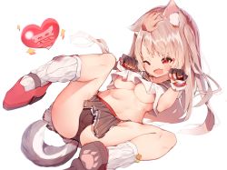 Rule 34 | 1girl, animal ears, azur lane, belt, blue nails, breasts, cameltoe, claw pose, crop top, crop top overhang, disembodied hand, hand on another&#039;s head, headpat, heart, medium breasts, medium hair, midriff, multicolored nails, nail art, nail polish, one eye closed, open mouth, orange nails, panties, pink nails, red belt, red eyes, semimarusemi, simple background, skirt, smile, stomach, tail, underboob, underwear, wolf ears, wolf girl, wolf tail, yuudachi (azur lane)