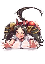 Rule 34 | + +, 1girl, :d, absurdres, all fours, animal ears, ass, black hair, blush, bow, breast press, breasts, buruma, ear bow, fang, gym uniform, heavy breathing, highres, horse ears, horse girl, horse tail, huge breasts, long hair, looking at viewer, marvelous sunday (umamusume), neck ribbon, o-ring, open mouth, outstretched arms, parted bangs, red bow, red buruma, red ribbon, ribbon, shirt, short sleeves, shortstack, simple background, skin fang, smile, solo, sweat, tail, tail raised, thighhighs, top-down bottom-up, twintails, umamusume, wet, wet clothes, white background, white shirt, white thighhighs, yellow eyes, yuki usagi (agtd5758)