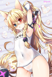 Rule 34 | 1girl, animal ears, armpits, arms up, bare shoulders, blonde hair, blue eyes, blush, bow, braid, breasts, bubble, cat ears, cat tail, character name, commentary, covered navel, cowboy shot, diagonal stripes, g41 (beach punk 2064) (girls&#039; frontline), g41 (girls&#039; frontline), girls&#039; frontline, hair between eyes, hair bow, hair ribbon, heart, heterochromia, long hair, looking at viewer, low-tied long hair, mauve, name tag, nose blush, official alternate costume, one-piece swimsuit, parted lips, purple ribbon, red eyes, ribbon, school swimsuit, side braid, single braid, small breasts, solo, striped, striped background, swimsuit, tail, twitter username, very long hair, white bow, white one-piece swimsuit, white school swimsuit