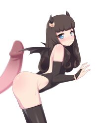 Rule 34 | 1boy, 1girl, arched back, ass, bare shoulders, black eyes, black gloves, black thighhighs, blue eyes, blunt bangs, blush, body blush, bow, breasts, brown hair, buttjob, censored, curly hair, demon girl, demon horns, demon wings, elbow gloves, erection, eyelashes, feet out of frame, fingerless gloves, from side, full-face blush, gloves, hair bow, hand up, highleg, highleg leotard, horns, huge penis, imminent penetration, kurosu aroma, leaning forward, leotard, long hair, looking at viewer, maidforge, mosaic censoring, penis, penis on ass, pretty series, pripara, simple background, skindentation, small breasts, sweat, thighhighs, turning head, v-shaped eyebrows, white background, wings, yellow bow