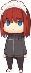 Rule 34 | 1girl, :|, arms at sides, black pants, blue eyes, boa (brianoa), chibi, closed mouth, grey jacket, highres, hisui (tsukihime), jacket, jitome, maid headdress, medium hair, pants, red eyes, red hair, shoes, simple background, solo, standing, tsukihime, white background, white footwear