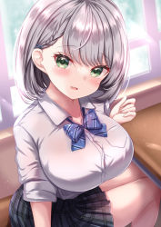 Rule 34 | 1girl, bad id, bad twitter id, black skirt, blue bow, blue bowtie, blush, bow, bowtie, breasts, collared shirt, desk, from side, green eyes, grey hair, hair behind ear, highres, hololive, indoors, large breasts, looking at viewer, looking to the side, medium hair, parted lips, plaid, plaid skirt, pleated skirt, school desk, school uniform, shirogane noel, shirogane noel (school uniform), shirt, sitting, skirt, solo, virtual youtuber, white shirt, yuano