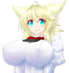 Rule 34 | 1girl, absurdres, ahoge, animal ears, blonde hair, blue eyes, blush, bow, bowtie, breasts, cellphone, covered erect nipples, highres, huge breasts, impossible clothes, looking at viewer, minarai tenna, monster girl, narulala, object on breast, original, phone, sidelocks, simple background, smartphone, smile, solo, tawawa challenge, white background