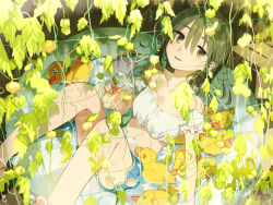 Rule 34 | 1girl, bare shoulders, brown eyes, brown hair, dotaku, drink, green eyes, green hair, heart straw, holding, jitome, long hair, looking at viewer, lying, matching hair/eyes, midriff, navel, on back, original, parted lips, plant, rubber duck, shorts, solo, vines, wading pool