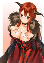 Rule 34 | 10s, 1girl, blush, grabbing another&#039;s breast, breast tattoo, breasts, choker, downblouse, dress, fur trim, grabbing, horns, large breasts, long hair, maou (maoyuu), maoyuu maou yuusha, red eyes, red hair, smile, solo, tattoo, un4lord