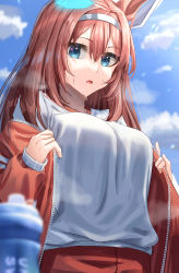 Rule 34 | 1girl, :o, absurdres, animal ears, blue eyes, blue sky, blurry, blurry foreground, bottle, breasts, brown hair, day, depth of field, glowing, grey hairband, gym shirt, hairband, highres, horse ears, jacket, large breasts, long hair, long sleeves, mihono bourbon (umamusume), ooeyama, open mouth, outdoors, red jacket, shirt, sky, solo, steaming body, sweat, umamusume, undressing, unzipped, upper body, white shirt, zipper