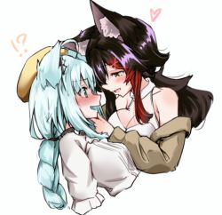 Rule 34 | !?, 2girls, ahoge, animal ear fluff, animal ears, bare shoulders, beige jacket, beret, black hair, blush, braid, braided ponytail, breasts, cleavage, commentary request, fox ears, fox girl, green eyes, hair between eyes, hand on another&#039;s chin, hat, heart, hololive, jacket, long hair, looking at another, medium breasts, mooninkyuu, multicolored hair, multiple girls, ookami mio, ookami mio (street), open clothes, open jacket, open mouth, red hair, shirakami fubuki, shirt, sidelocks, simple background, small breasts, streaked hair, virtual youtuber, wavy mouth, white background, white hair, white shirt, wolf ears, wolf girl, yellow eyes, yellow headwear, yuri