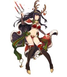 Rule 34 | 1girl, antlers, bell, bikini, black thighhighs, boots, candle, candlelight, candlestand, cape, christmas, fire emblem, fire emblem awakening, fire emblem heroes, full body, highres, horns, navel, neck bell, nintendo, official art, red thighhighs, santa costume, solo, swimsuit, tharja (fire emblem), tharja (winter) (fire emblem), thighhighs, thighhighs under boots, transparent background