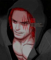 Rule 34 | 1boy, abs, artist name, closed mouth, commentary, english commentary, facial hair, hood, hood up, male focus, one piece, red eyes, red hair, scar, scar across eye, scar on face, sephirona, shanks (one piece), short hair, smile, solo, watermark, web address