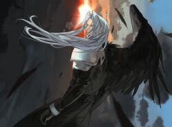 Rule 34 | 1boy, armor, black coat, black feathers, black gloves, black wings, blue eyes, cloud, cloudy sky, coat, facing away, feathered wings, feathers, final fantasy, final fantasy vii, flying, gloves, grey hair, highres, horizon, long coat, long hair, long sleeves, looking back, male focus, outdoors, parted bangs, pauldrons, sephiroth, shoulder armor, single wing, sky, slit pupils, smile, smirk, solo, sunrise, sunset, wind, wings, xscr1205