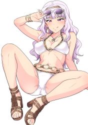 Rule 34 | 1girl, bare arms, bare legs, bare shoulders, bikini, blunt bangs, blush, bracelet, breasts, cleavage, cross, cross necklace, earrings, eyewear on head, hairband, half-closed eyes, halterneck, heart, heart necklace, highres, idolmaster, idolmaster (classic), jewelry, licking lips, light purple hair, looking at viewer, medium breasts, navel, necklace, o-ring, o-ring bikini, o-ring top, purple eyes, sandals, shijou takane, simple background, solo, spread legs, sunglasses, swimsuit, tongue, tongue out, tsurui, white background, white bikini