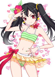 Rule 34 | 10s, 1girl, alternate hair length, alternate hairstyle, bare arms, bikini, black hair, cowboy shot, earrings, flower, gluteal fold, green nails, hair flower, hair ornament, heart, heart background, hibiscus, jewelry, looking at viewer, love live!, love live! school idol project, nail polish, natsuiro egao de 1 2 jump!, navel, orebalgum, red eyes, smile, solo, star (symbol), star earrings, striped bikini, striped clothes, swimsuit, twintails, v, yazawa nico
