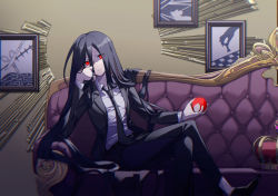 Rule 34 | 1boy, apple, belt, black belt, black footwear, black hair, black jacket, black necktie, black pants, closed mouth, collared shirt, commentary request, couch, crossed legs, crown, danganronpa (series), danganronpa 2: goodbye despair, food, foot out of frame, framed image, fruit, hair between eyes, highres, holding, holding food, holding fruit, indoors, jacket, kamukura izuru, long hair, long sleeves, looking at viewer, male focus, mouse print, necktie, on couch, open clothes, open jacket, pale skin, pants, photo (object), picture frame, red apple, red eyes, scissors, shirt, sitting, solo, very long hair, white shirt, ziling