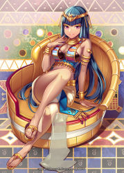 Rule 34 | 1girl, :d, arm support, armband, blue hair, bracelet, breasts, cleavage, couch, egyptian, egyptian clothes, eyeliner, eyeshadow, full body, headdress, jewelry, kaku-san-sei million arthur, large breasts, legs, long hair, lots of jewelry, makeup, million arthur (series), navel, necklace, no legwear, official art, open mouth, original, purple eyes, sandals, sitting, smile, solo, toes, very long hair