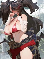 Rule 34 | 1girl, bare shoulders, bikini, bikini top only, blush, breasts, brown hair, closed mouth, commission, copyright request, detached sleeves, embarrassed, fingernails, hands up, highres, huge breasts, looking at viewer, nail polish, navel, outdoors, red bikini, red nails, ryusei hashida, solo, standing, swimsuit, two side up