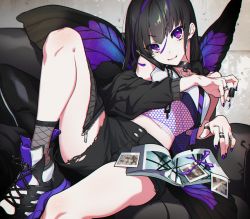 Rule 34 | 1girl, black hair, butterfly wings, cellphone, collar, couch, cushion, fishnets, hair between eyes, highres, insect wings, jacket, jewelry, long hair, looking at viewer, lying, midriff, nail polish, on back, original, phone, photo (object), purple eyes, purple hair, purple nails, ring, samei ikusa, shoes, short hair, shorts, smartphone, smile, sneakers, socks, torn clothes, torn shorts, wings
