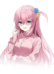 Rule 34 | 1girl, blue eyes, blush, bocchi the rock!, breasts, cropped torso, cube hair ornament, debu xiao huajiang, gotoh hitori, hair between eyes, hair ornament, hand up, highres, holding, jacket, long sleeves, looking at viewer, medium breasts, nervous smile, one side up, open mouth, pink hair, pink jacket, puffy long sleeves, puffy sleeves, simple background, smile, solo, sweat, upper body, white background