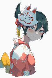 Rule 34 | 1girl, animification, black hair, blue eyes, cropped torso, floral print, fox mask, from side, grey background, hair between eyes, japanese clothes, kayanogura, kimono, kiriko (overwatch), looking at viewer, looking to the side, mask, mask on head, overwatch, overwatch 2, print kimono, red kimono, simple background, solo, upper body