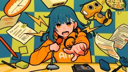 Rule 34 | 1girl, ado (utaite), bright pupils, clock, earrings, food, headphones, headphones around neck, hood, hood down, hoodie, jewelry, lightning bolt symbol, looking at viewer, microphone, miyoshi yoshimi, noodles, open mouth, orange eyes, orange hoodie, original, paper, pen, pointing, pointing at viewer, shrimp, solo, sticky note, upper body, white pupils