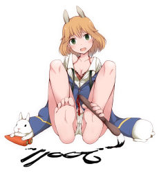 Rule 34 | 10s, 1girl, 2011, amelie planchard, animal ears, barefoot, between toes, blonde hair, bra, breasts, calligraphy brush, carrot, cleavage, feet, green eyes, highres, holding with feet, lingerie, long legs, medium breasts, no pants, open clothes, open shirt, paintbrush, panties, rabbit, rabbit ears, rabbit girl, rosettastone, shirt, soles, solo, strike witches, strike witches: katayoku no majo-tachi, toes, typo, underwear, world witches series