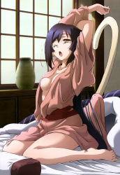 Rule 34 | 10s, 1girl, absurdres, animal ears, aquaplus, arms up, barefoot, bed, bed sheet, black hair, blue hair, breasts, brown eyes, cleavage, collarbone, feet, full body, highres, indoors, japanese clothes, kimono, kuon (utawarerumono), long hair, nakata masahiko, official art, on bed, one eye closed, open clothes, open mouth, purple hair, sitting, solo, tail, tears, utawarerumono, utawarerumono: itsuwari no kamen, vase, very long hair, waking up, wariza, white fox (company), window, yawning