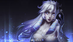 Rule 34 | 1girl, animal ears, blue eyes, breasts, colored skin, furry, kindred (league of legends), league of legends, long hair, mask, tagme, white hair, white skin