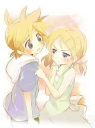 Rule 34 | 00s, 1boy, 1girl, blonde hair, blue eyes, blush, brother and sister, chu! shite! (vocaloid), embarrassed, hair ornament, hairclip, ixy, kagamine len, kagamine rin, short hair, short twintails, siblings, tears, twins, twintails, vocaloid, world is mine (vocaloid)