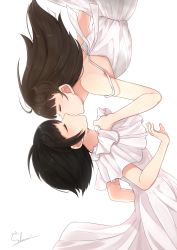 Rule 34 | 2girls, bare arms, black hair, brown hair, clutching clothes, commentary request, dress, closed eyes, from side, highres, kiss, long hair, midair, multiple girls, original, profile, rotated, shiro namida, short hair, signature, simple background, spaghetti strap, tears, upper body, white background, white dress, yuri