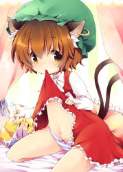 Rule 34 | 1girl, animal ears, bad id, bad pixiv id, brown eyes, brown hair, cat ears, cat girl, cat tail, character doll, chen, deyuyama, female focus, hat, mouth hold, panties, short hair, solo, striped clothes, striped panties, tail, touhou, underwear, yakumo ran