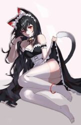 Rule 34 | 1girl, animal ear fluff, animal ears, anklet, apron, arm garter, ass, bare shoulders, barefoot, bell, black dress, black hair, breasts, cat ears, cat girl, cat tail, choker, cleavage, clothes lift, dress, dress lift, feet, frilled choker, frilled dress, frills, full body, hair between eyes, jewelry, jingle bell, katal, lifting own clothes, long hair, looking at viewer, maid, maid apron, maid headdress, medium breasts, neck bell, no shoes, open mouth, original, red eyes, simple background, sleeveless, sleeveless dress, solo, tail, thighhighs, thighs, toes, very long hair, white background, white thighhighs