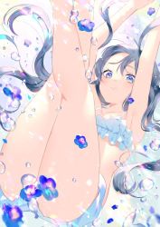 Rule 34 | 1girl, :t, achiki, armpits, arms up, ass, bad id, bad twitter id, bare arms, bare legs, bare shoulders, bikini, black hair, blue bikini, blue eyes, blue flower, closed mouth, collarbone, feet out of frame, floating hair, flower, frilled bikini, frills, legs up, long hair, looking at viewer, original, pout, solo, swimsuit, thighs, twintails, water drop