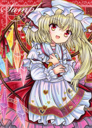 Rule 34 | 1girl, :d, apron, bow, crystal, fang, flandre scarlet, hat, hat bow, heart, long hair, looking at viewer, marker (medium), mob cap, one side up, open mouth, red background, red bow, red eyes, rui (sugar3), sample watermark, skin fang, smile, solo, touhou, traditional media, watermark, white hat, wings