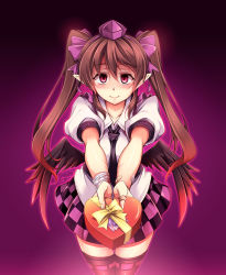 Rule 34 | 1girl, aura, bandages, bandaid, bandaid on arm, bandaid on hand, bird wings, black thighhighs, black wings, blush, bow, box, brown hair, candy, checkered clothes, checkered skirt, chocolate, chocolate heart, condom, cuts, empty eyes, food, gift, gift box, hair bow, hat, hata-tan (rui (hershe)), heart, himekaidou hatate, injury, long hair, looking at viewer, low wings, necktie, outstretched arms, pink eyes, pointy ears, puffy short sleeves, puffy sleeves, self-harm, shirt, short sleeves, skirt, smile, solo, thigh beads, thighhighs, tokin hat, touhou, twintails, valentine, very long hair, windart, wings, yandere, zettai ryouiki