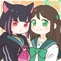 Rule 34 | 2girls, airi (blue archive), animal ears, black choker, black hair, black hoodie, blue archive, blush, bow, brown background, brown hair, choker, closed mouth, collarbone, commentary request, drawstring, food-themed hair ornament, green bow, green eyes, green sailor collar, hair ornament, halo, hood, hood down, hoodie, ice cream hair ornament, kazusa (blue archive), long hair, looking at viewer, multicolored hair, multiple girls, neckerchief, one side up, onyhakase, outline, pink hair, pink neckerchief, red eyes, sailor collar, school uniform, serafuku, shirt, smile, streaked hair, two-tone hair, very long hair, white outline, white shirt