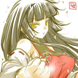 Rule 34 | 1girl, bare shoulders, black hair, breasts, clenched hand, detached sleeves, female focus, fighting stance, halterneck, hime cut, japanese clothes, large breasts, long hair, m.u.g.e.n, miko, nontraditional miko, original, portrait, sendai hakurei no miko, simple background, skin tight, solo, touhou, umyonge (lkakeu), yellow eyes