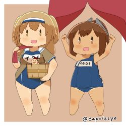 Rule 34 | 10s, 2girls, brown eyes, brown hair, bucket, capriccyo, chibi, hairband, i-26 (kancolle), i-401 (kancolle), kantai collection, light brown hair, long hair, multiple girls, name tag, new school swimsuit, noren, old school swimsuit, one-piece swimsuit, ponytail, rubber duck, sailor collar, school swimsuit, short ponytail, short sleeves, standing, swimsuit, swimsuit under clothes, tan, tanline, towel, two-tone hairband, two side up