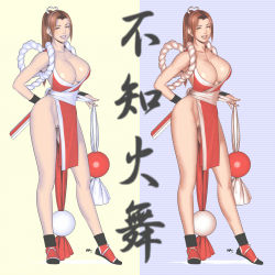 Rule 34 | 1girl, bad id, bad pixiv id, breasts, brown hair, character name, cleavage, fatal fury, large breasts, long hair, long legs, pelvic curtain, ponytail, revealing clothes, rope, shiranui mai, solo, the king of fighters, wakino keibun