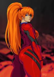 Rule 34 | 1girl, 2022, aged up, alternate breast size, alternate hairstyle, ass, ass focus, blue eyes, bodysuit, breasts, brown hair, curvy, dated, earrings, evangelion: 3.0 you can (not) redo, expressionless, eyepatch, high ponytail, highres, huge ass, jewelry, large breasts, lips, long hair, looking at viewer, looking back, neon genesis evangelion, plugsuit, ponytail, rebuild of evangelion, red bodysuit, shiny clothes, shiny skin, skin tight, solo, souryuu asuka langley, standing, tovio rogers, very long hair, wide hips