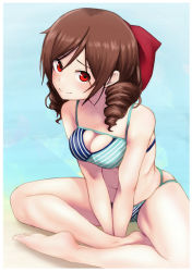 Rule 34 | 1girl, aqua bikini, barefoot, bikini, blush, bow, breasts, brown hair, cleavage, cleavage cutout, clothing cutout, cosplay, drill hair, hair bow, harukaze (kancolle), indian style, kantai collection, kazagumo (kancolle), kazagumo (kancolle) (cosplay), looking at viewer, medium breasts, namiki kojiro, red bow, red eyes, short hair, sitting, smile, solo, swimsuit, twin drills