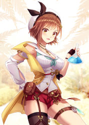 Rule 34 | 1girl, atelier (series), atelier ryza, atelier ryza 2, beret, black thighhighs, bottle, braid, breasts, brown eyes, brown hair, cleavage, commentary request, french braid, hair ornament, hand on own hip, hat, holding, holding bottle, leg belt, looking at viewer, medium breasts, open mouth, red shorts, reisalin stout, short hair, short shorts, shorts, single thighhigh, solo, thighhighs, white hat, yumicha