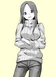 Rule 34 | 1girl, :d, blush, crossed arms, denim, jeans, mirai denki, open mouth, original, pants, ribbed sweater, simple background, smile, solo, sweater, turtleneck, turtleneck sweater, yellow background
