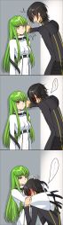 Rule 34 | 1boy, 1girl, 3koma, breasts, brown hair, c.c., code geass, comic, commentary request, couple, creayus, embarrassed, green hair, hand on another&#039;s head, head tilt, hetero, highres, hug, kabedon, lelouch vi britannia, long hair, long sleeves, looking at another, medium breasts, open mouth, school uniform, short hair, sidelocks, silent comic, standing, wide sleeves, yellow eyes