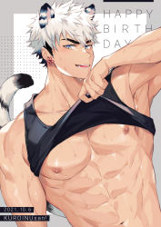 Rule 34 | 1boy, abs, animal ears, arm up, bara, bare pectorals, black hair, black tank top, blue eyes, borrowed character, cat boy, cat ears, cat tail, clothes lift, earrings, hao (haozz), happy birthday, jewelry, lifted by self, looking at viewer, male focus, multicolored hair, muscular, muscular male, navel, nipples, original, pectorals, shirt lift, short hair, sideburns, smile, solo, sweat, tail, tank top, two-tone hair, undercut, upper body, white hair