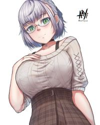 Rule 34 | 1girl, arhyuz, artist name, blush, breasts, choker, collarbone, green eyes, grey hair, high-waist skirt, highres, hololive, hololive fantasy, huge breasts, looking at viewer, shirogane noel, short hair, skirt, smile, solo, sweater, virtual youtuber, white background
