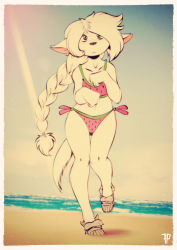 Rule 34 | 1girl, absurdres, animal ears, animal nose, artist name, bare shoulders, beach, bikini, blue eyes, blue sky, blush, body fur, border, borrowed character, braid, braided ponytail, cat ears, cat girl, cat tail, chromatic aberration, closed mouth, collarbone, day, ears down, female focus, flat chest, food print, fox-pop vli, full body, furry, furry female, gradient background, gradient sky, hair tie, hands up, highres, horizon, knees together feet apart, leg up, light blush, light rays, long hair, looking at viewer, navel, nose blush, ocean, original, outdoors, parted bangs, pink bikini, retro artstyle, sand, sandals, shy, side-tie bikini bottom, sidelocks, single braid, sky, solo, standing, standing on one leg, sunlight, swimsuit, tail, very long hair, water, watermark, watermelon print, white border, white footwear, white fur, white hair