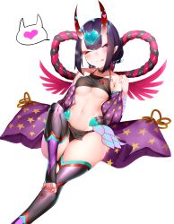 Rule 34 | 1girl, ;p, absurdres, blush, boruhis, breasts, chinese clothes, dudou, fate/grand order, fate (series), heart, highres, horns, looking at viewer, medium breasts, midriff, navel, one eye closed, oni, purple eyes, purple hair, short hair, shuten douji (fate), shuten douji (fate/grand order), shuten douji (halloween caster) (fate), simple background, skin-covered horns, solo, spoken heart, star (symbol), star print, thighhighs, tongue, tongue out, underboob, white background